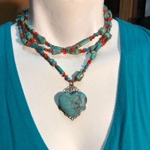 Boho Coral Turquoise Necklace with Heart Pendant